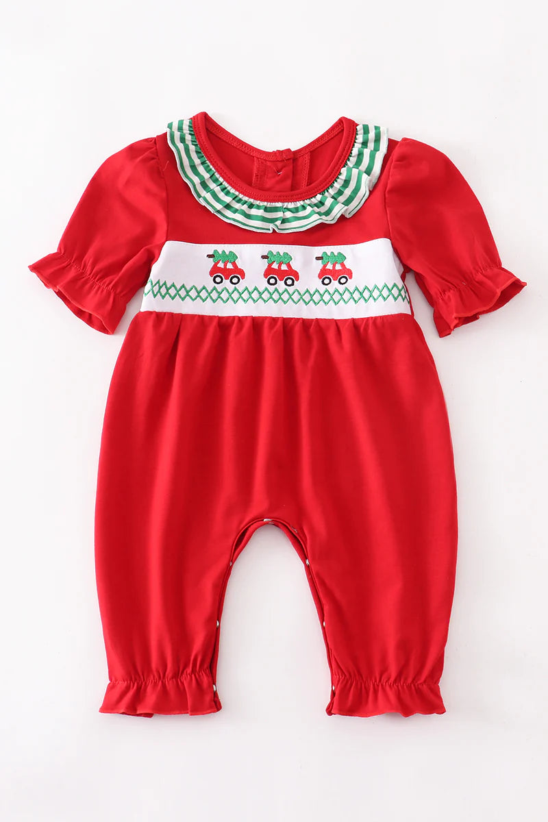 Red Christmas Truck Applique Embroidery romper