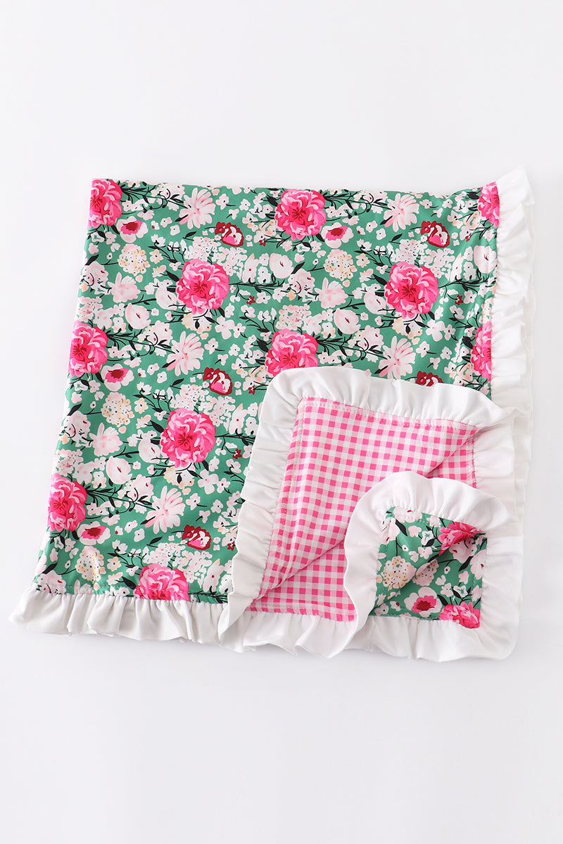 Green Floral Ruffle Blanket